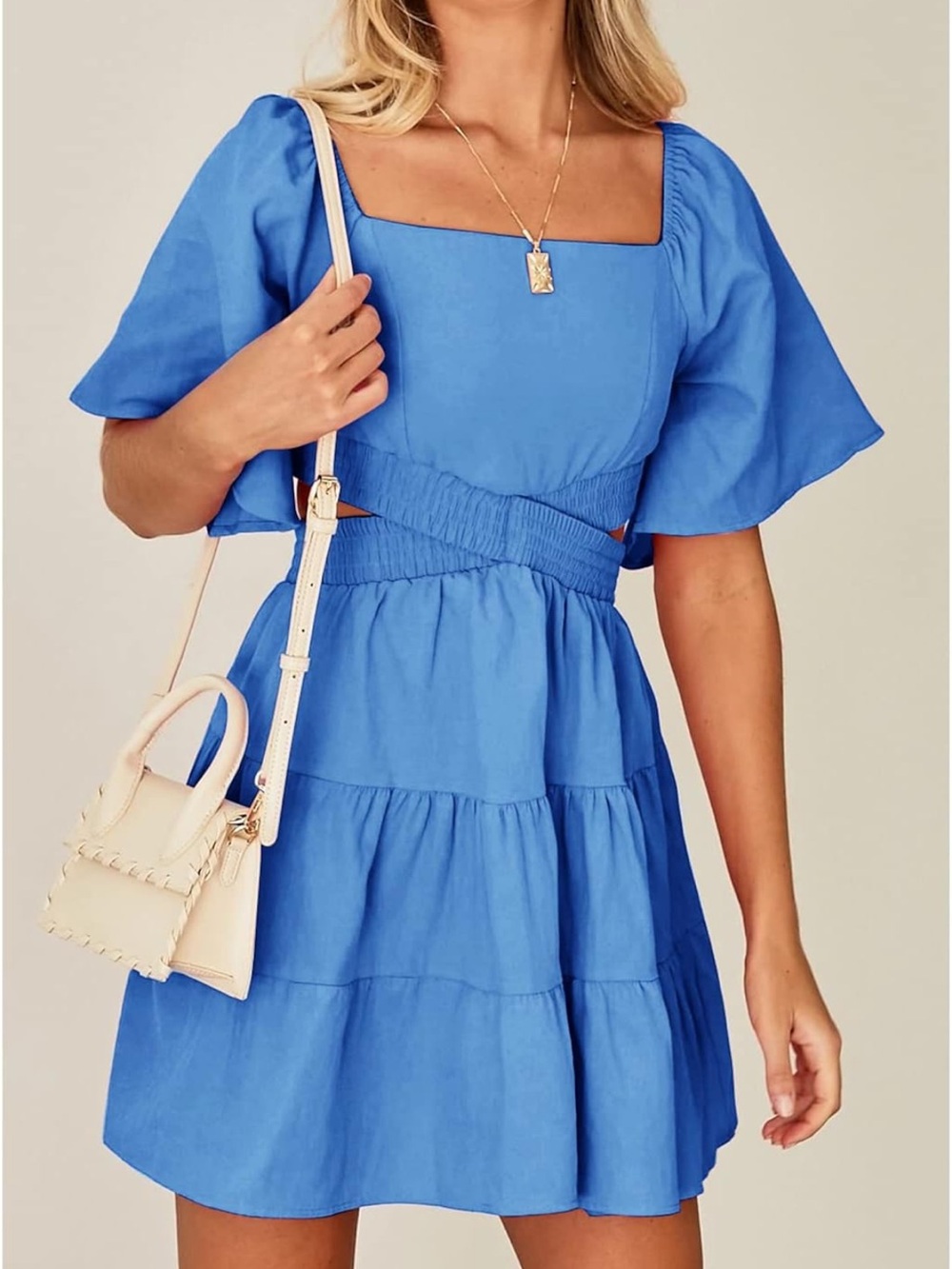 Light Blue Bell Sleeve Summer Cut-Out Mini Dress L
